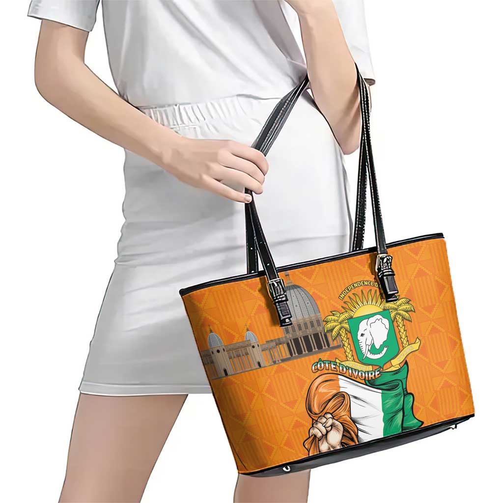Ivory Coast Independence Day Leather Tote Bag Yamoussoukro Coat Of Arms