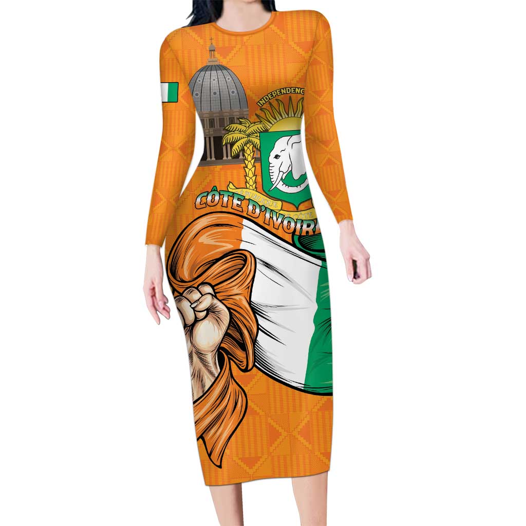 Personalised Ivory Coast Independence Day Long Sleeve Bodycon Dress Yamoussoukro Coat Of Arms