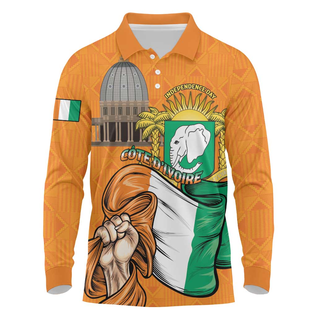 Personalised Ivory Coast Independence Day Long Sleeve Polo Shirt Yamoussoukro Coat Of Arms