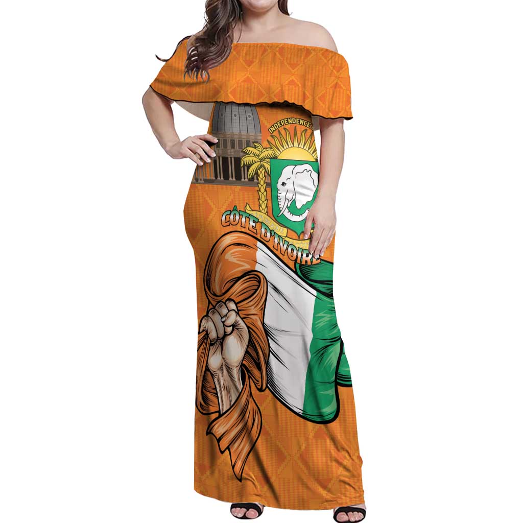 Personalised Ivory Coast Independence Day Off Shoulder Maxi Dress Yamoussoukro Coat Of Arms