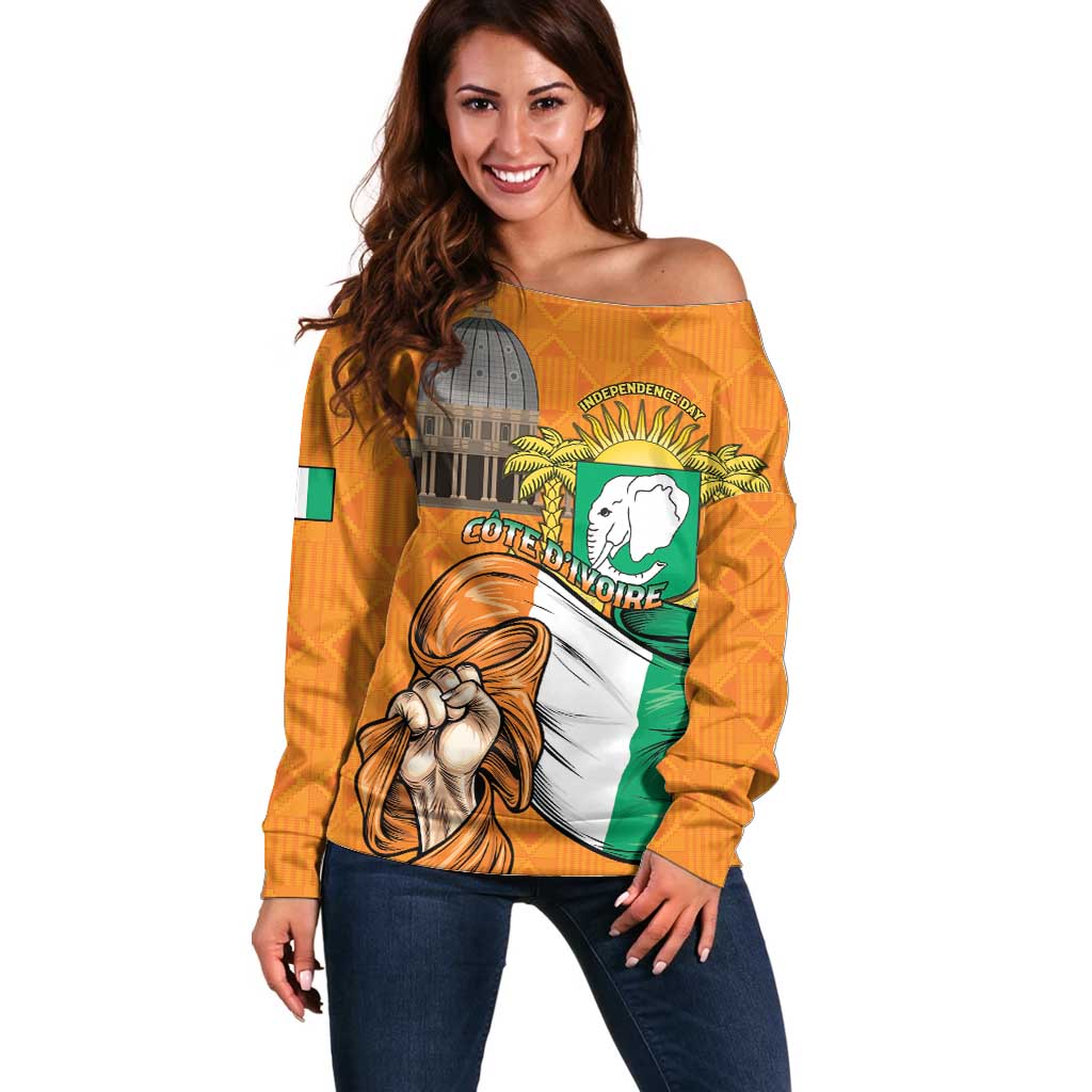 Personalised Ivory Coast Independence Day Off Shoulder Sweater Yamoussoukro Coat Of Arms