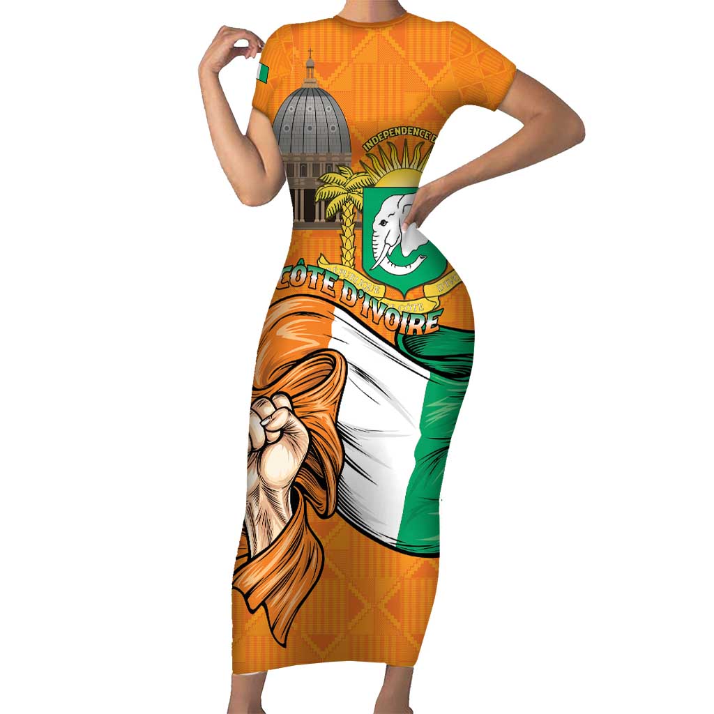 Personalised Ivory Coast Independence Day Short Sleeve Bodycon Dress Yamoussoukro Coat Of Arms