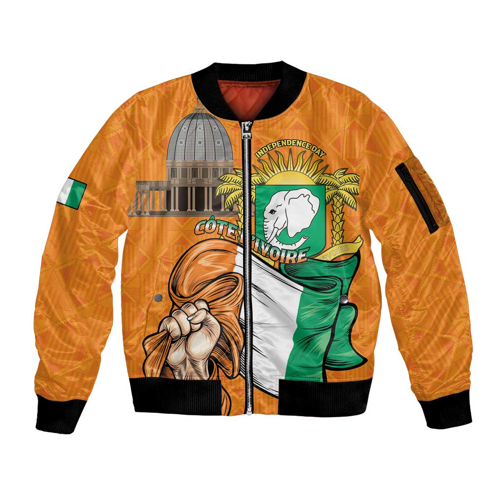 Personalised Ivory Coast Independence Day Sleeve Zip Bomber Jacket Yamoussoukro Coat Of Arms