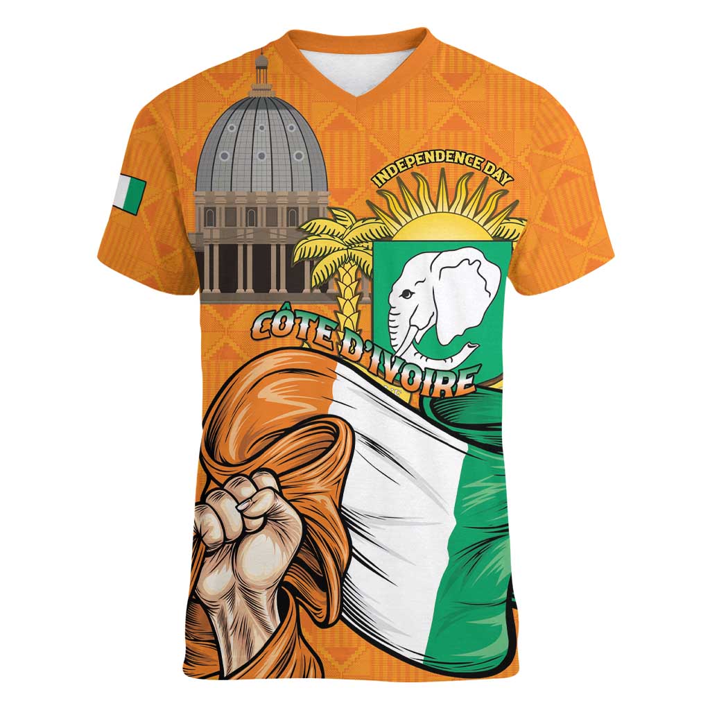 Personalised Ivory Coast Independence Day Women V-Neck T-Shirt Yamoussoukro Coat Of Arms