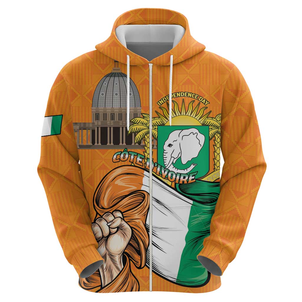 Personalised Ivory Coast Independence Day Zip Hoodie Yamoussoukro Coat Of Arms