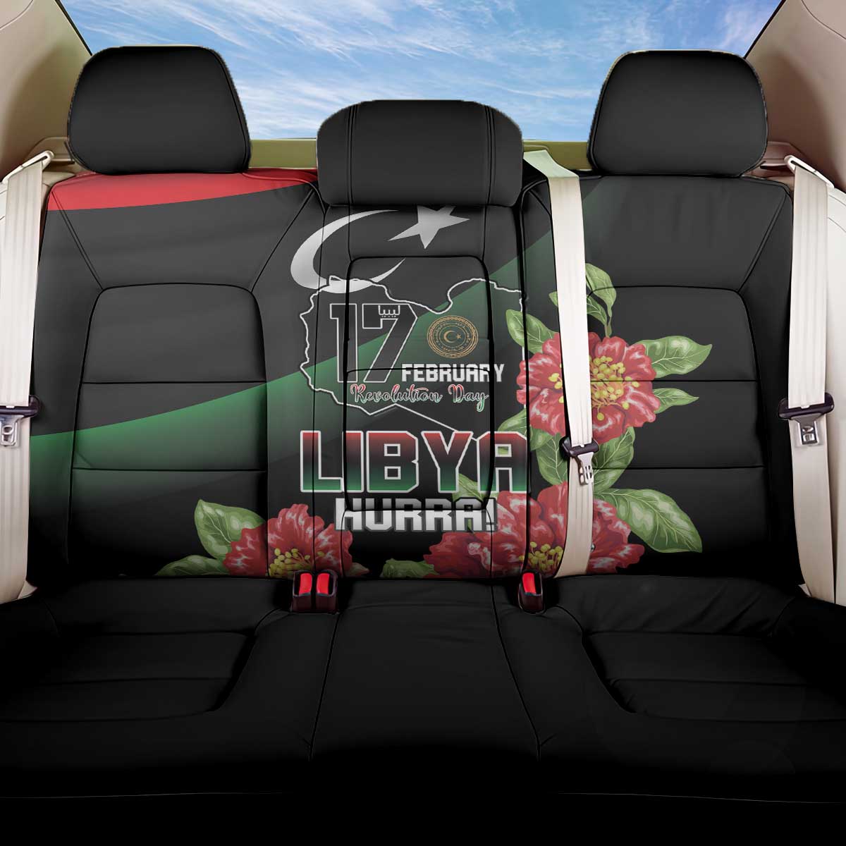 Libya Revolution Day Back Car Seat Cover Libyan Map With Pomegranate Blossom - Wonder Print Shop