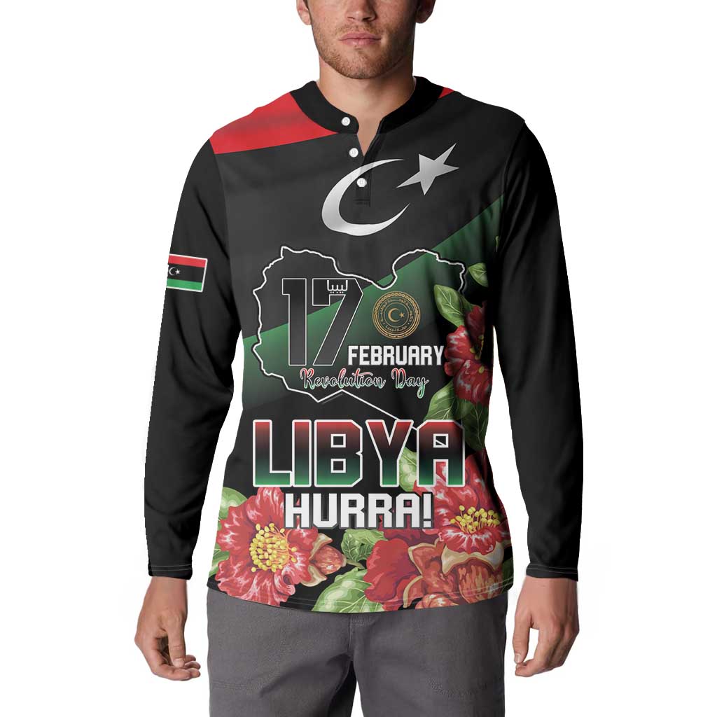 Personalized Libya Revolution Day Button Sweatshirt Libyan Map With Pomegranate Blossom - Wonder Print Shop