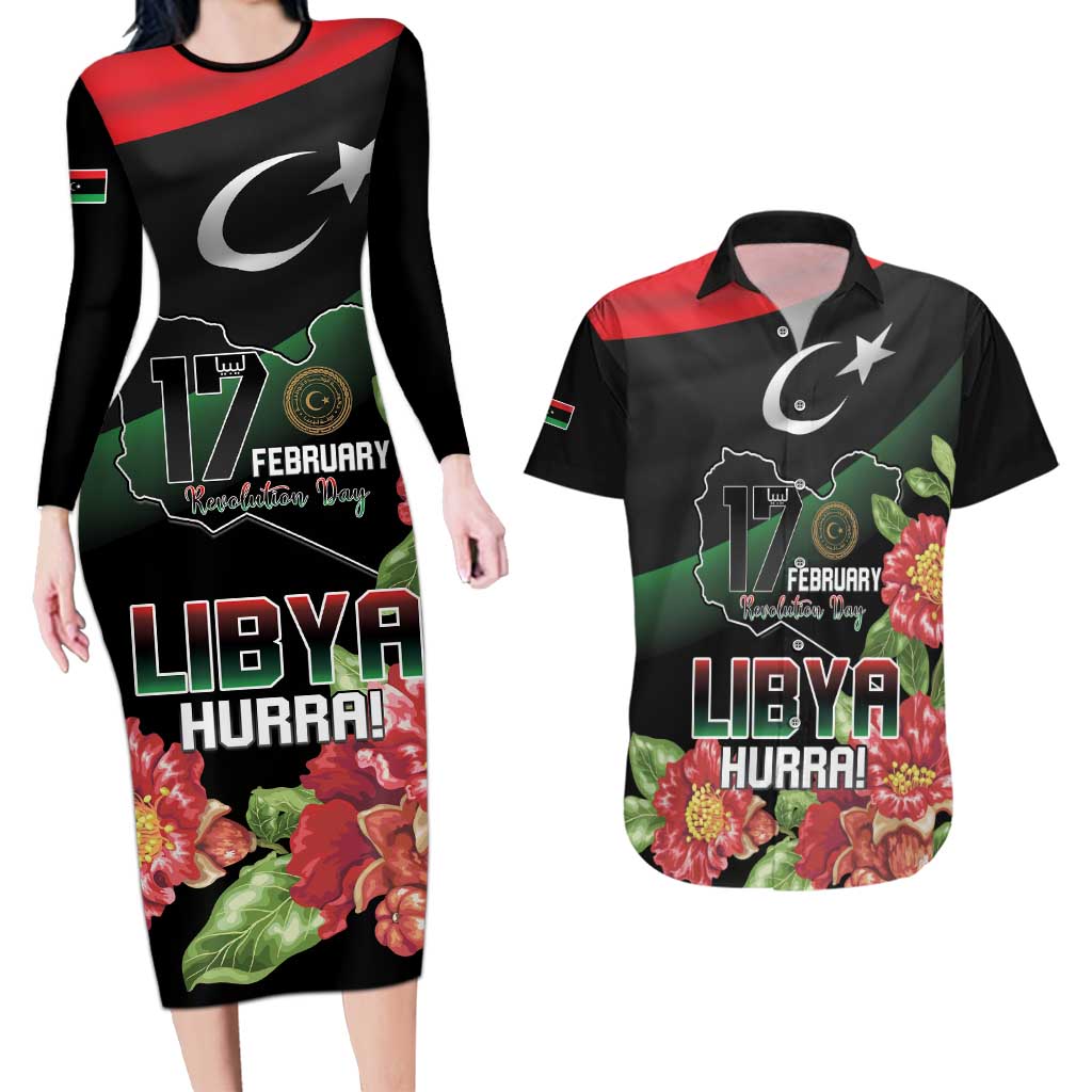 Personalized Libya Revolution Day Couples Matching Long Sleeve Bodycon Dress and Hawaiian Shirt Libyan Map With Pomegranate Blossom - Wonder Print Shop