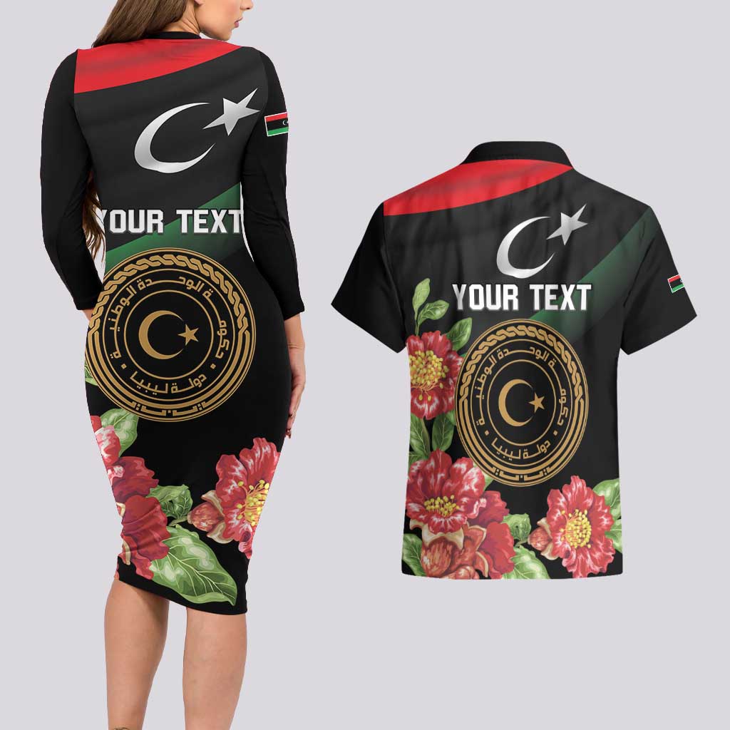 Personalized Libya Revolution Day Couples Matching Long Sleeve Bodycon Dress and Hawaiian Shirt Libyan Map With Pomegranate Blossom - Wonder Print Shop