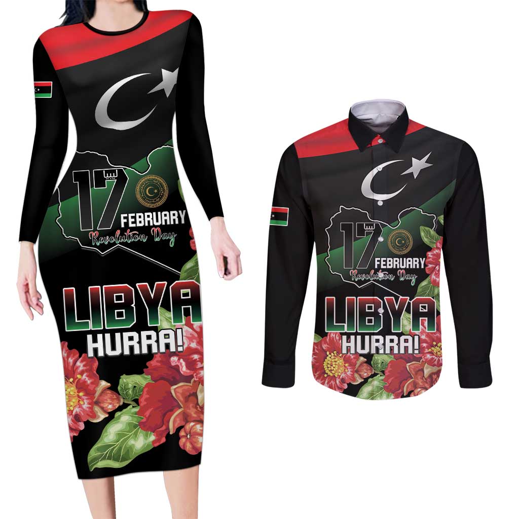 Personalized Libya Revolution Day Couples Matching Long Sleeve Bodycon Dress and Long Sleeve Button Shirt Libyan Map With Pomegranate Blossom - Wonder Print Shop