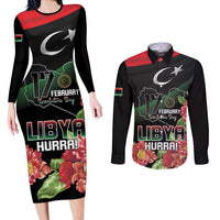 Personalized Libya Revolution Day Couples Matching Long Sleeve Bodycon Dress and Long Sleeve Button Shirt Libyan Map With Pomegranate Blossom - Wonder Print Shop