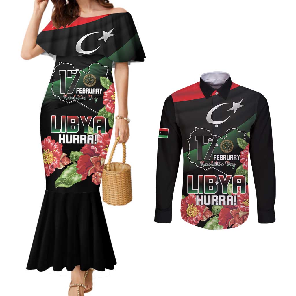 Personalized Libya Revolution Day Couples Matching Mermaid Dress and Long Sleeve Button Shirt Libyan Map With Pomegranate Blossom - Wonder Print Shop