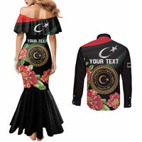 Personalized Libya Revolution Day Couples Matching Mermaid Dress and Long Sleeve Button Shirt Libyan Map With Pomegranate Blossom - Wonder Print Shop