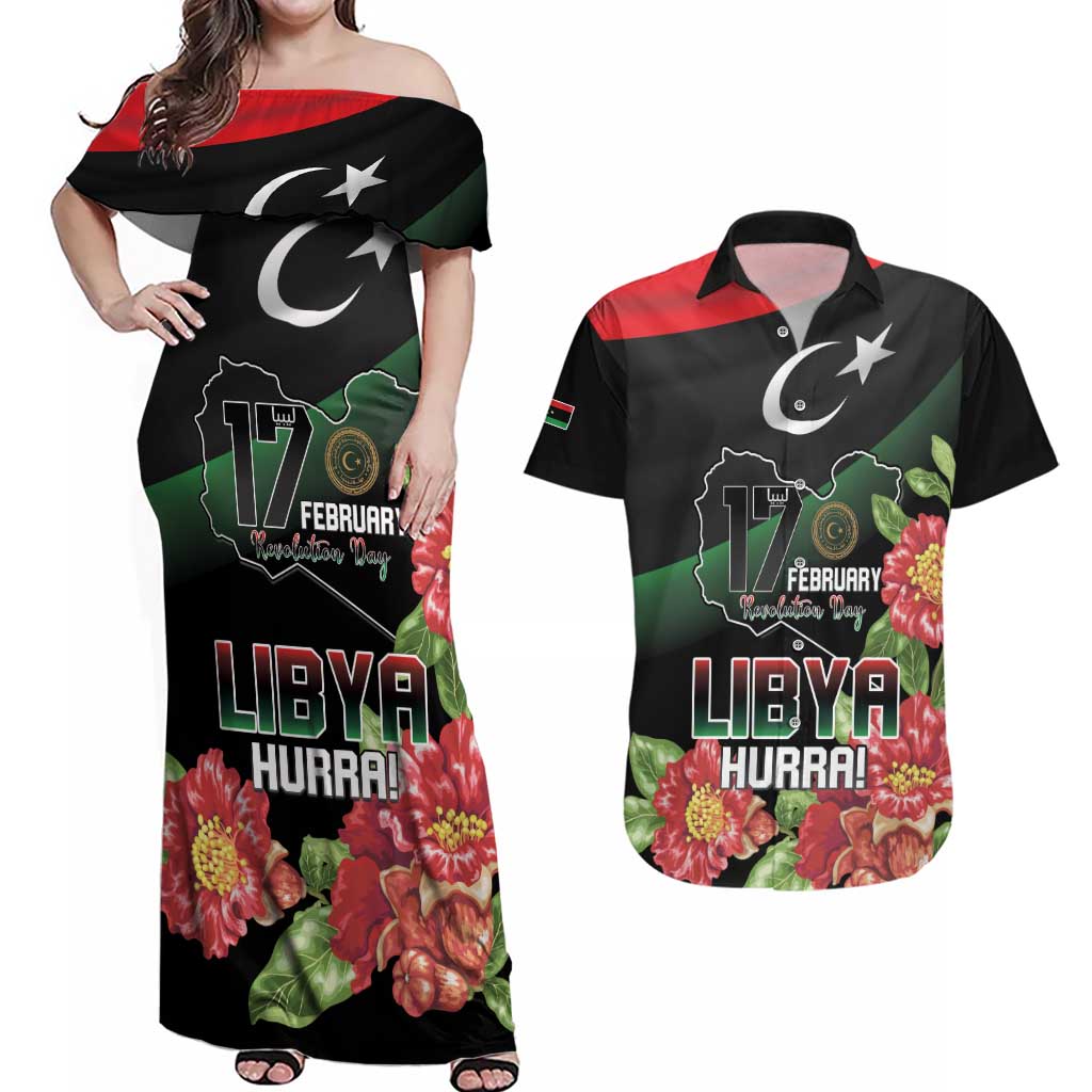 Personalized Libya Revolution Day Couples Matching Off Shoulder Maxi Dress and Hawaiian Shirt Libyan Map With Pomegranate Blossom - Wonder Print Shop