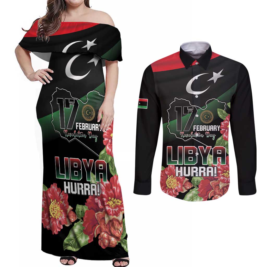 Personalized Libya Revolution Day Couples Matching Off Shoulder Maxi Dress and Long Sleeve Button Shirt Libyan Map With Pomegranate Blossom - Wonder Print Shop