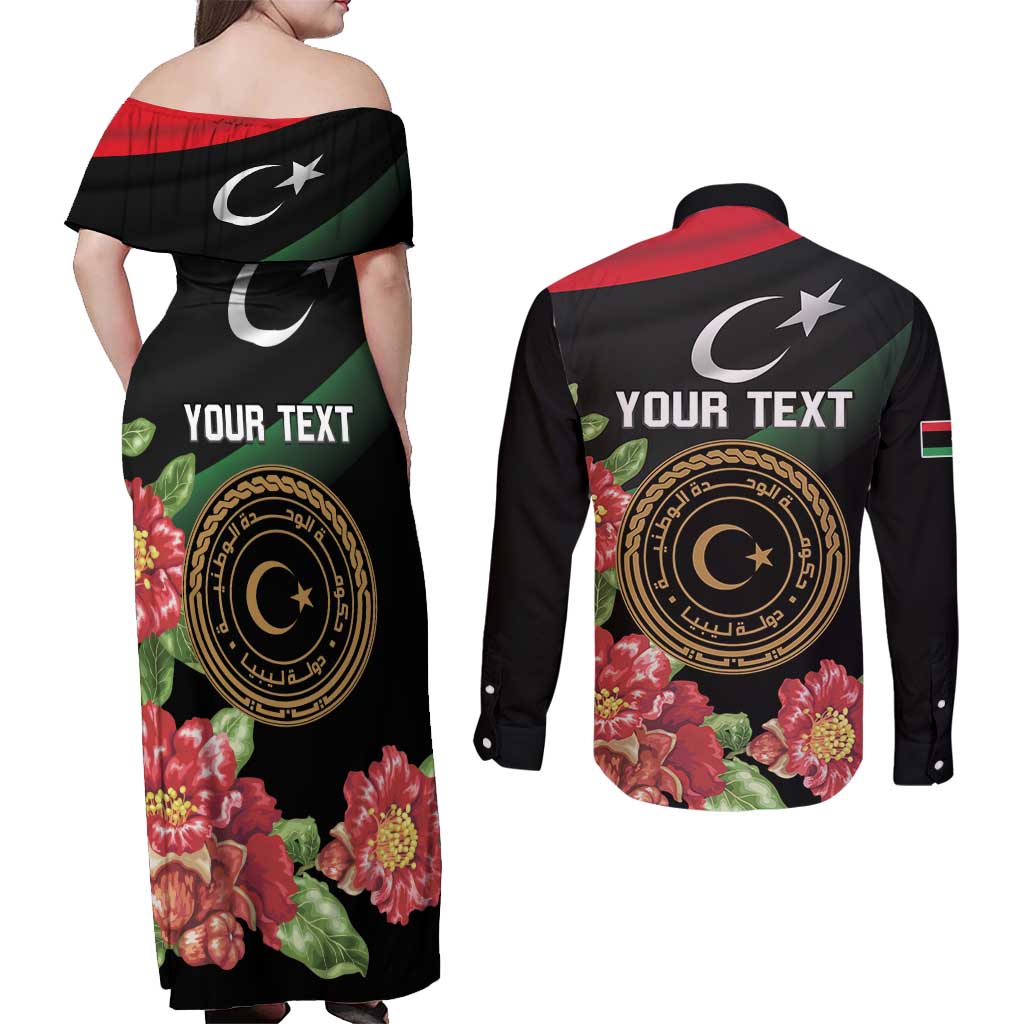 Personalized Libya Revolution Day Couples Matching Off Shoulder Maxi Dress and Long Sleeve Button Shirt Libyan Map With Pomegranate Blossom - Wonder Print Shop