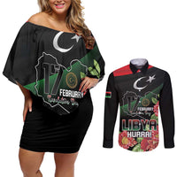 Personalized Libya Revolution Day Couples Matching Off Shoulder Short Dress and Long Sleeve Button Shirt Libyan Map With Pomegranate Blossom - Wonder Print Shop