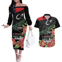 Personalized Libya Revolution Day Couples Matching Off The Shoulder Long Sleeve Dress and Hawaiian Shirt Libyan Map With Pomegranate Blossom - Wonder Print Shop