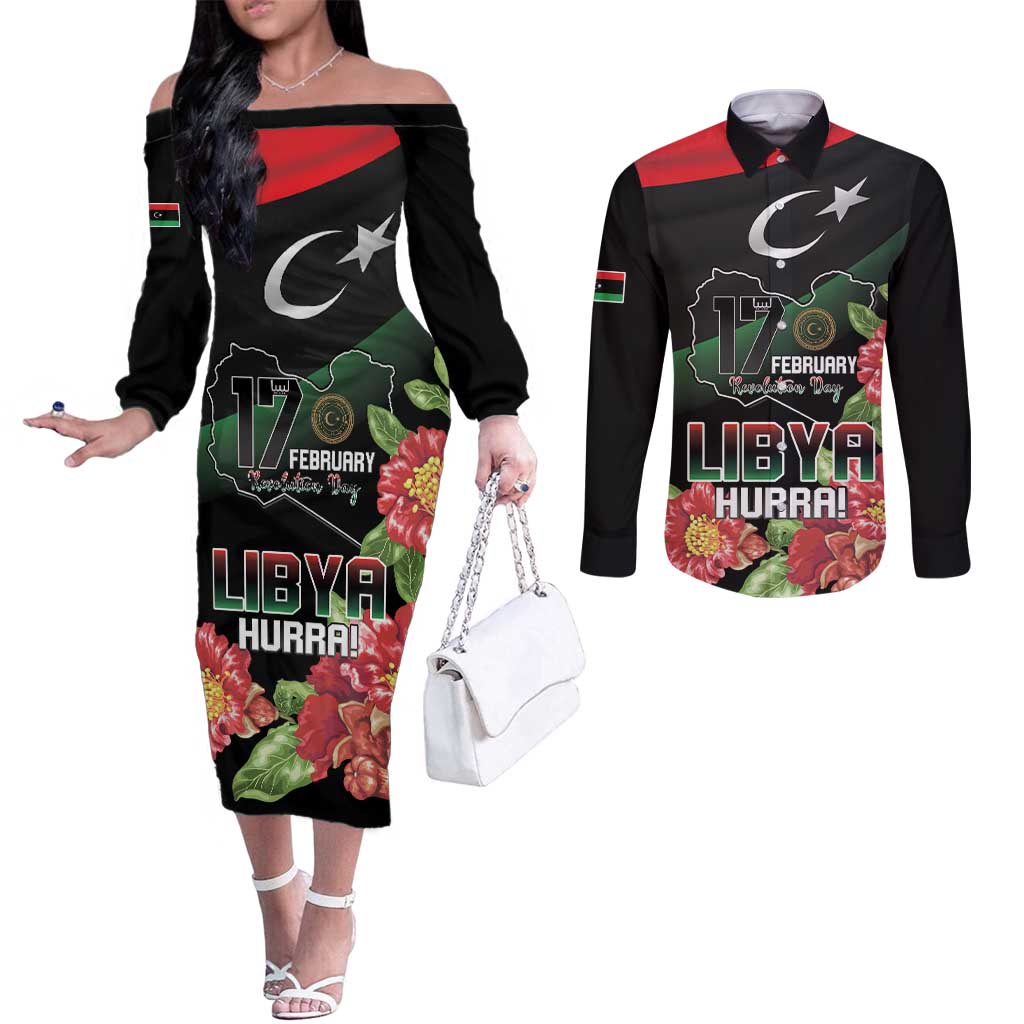 Personalized Libya Revolution Day Couples Matching Off The Shoulder Long Sleeve Dress and Long Sleeve Button Shirt Libyan Map With Pomegranate Blossom - Wonder Print Shop