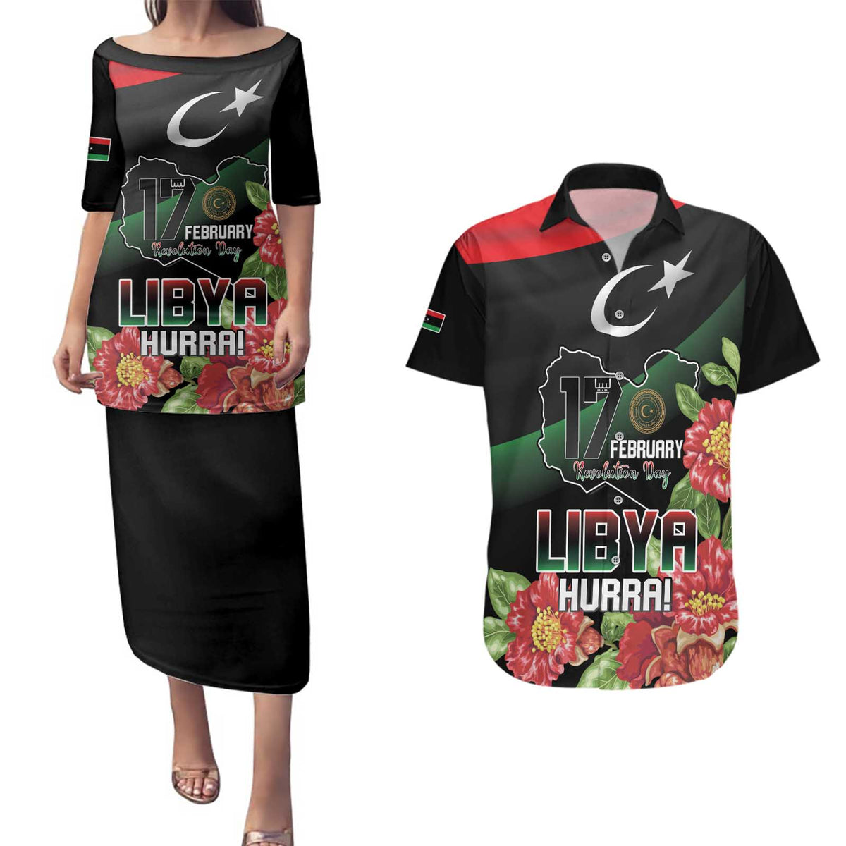 Personalized Libya Revolution Day Couples Matching Puletasi and Hawaiian Shirt Libyan Map With Pomegranate Blossom - Wonder Print Shop