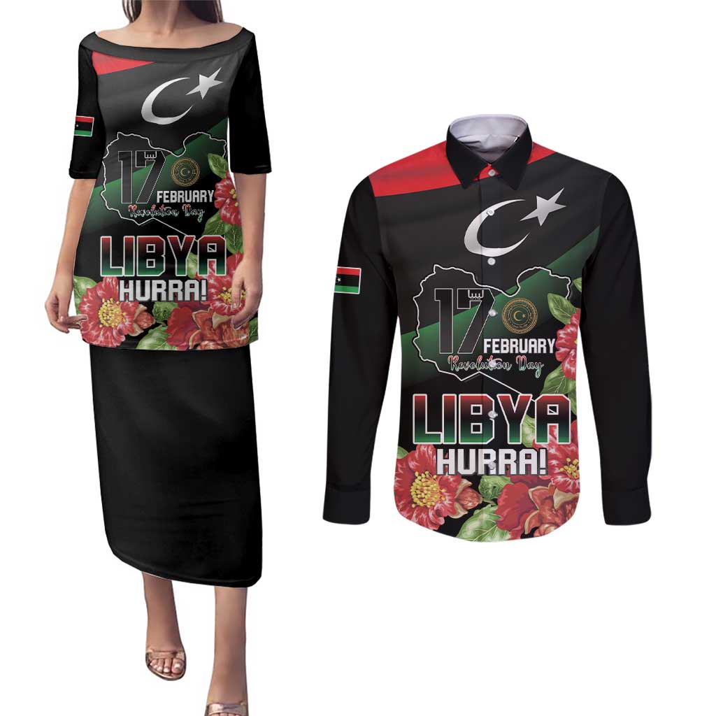 Personalized Libya Revolution Day Couples Matching Puletasi and Long Sleeve Button Shirt Libyan Map With Pomegranate Blossom - Wonder Print Shop