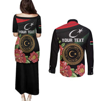 Personalized Libya Revolution Day Couples Matching Puletasi and Long Sleeve Button Shirt Libyan Map With Pomegranate Blossom - Wonder Print Shop