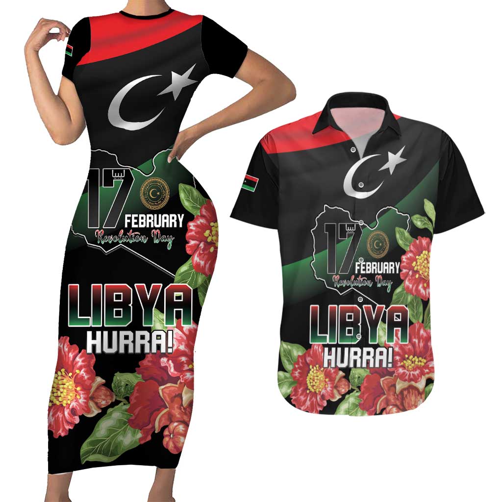 Personalized Libya Revolution Day Couples Matching Short Sleeve Bodycon Dress and Hawaiian Shirt Libyan Map With Pomegranate Blossom - Wonder Print Shop