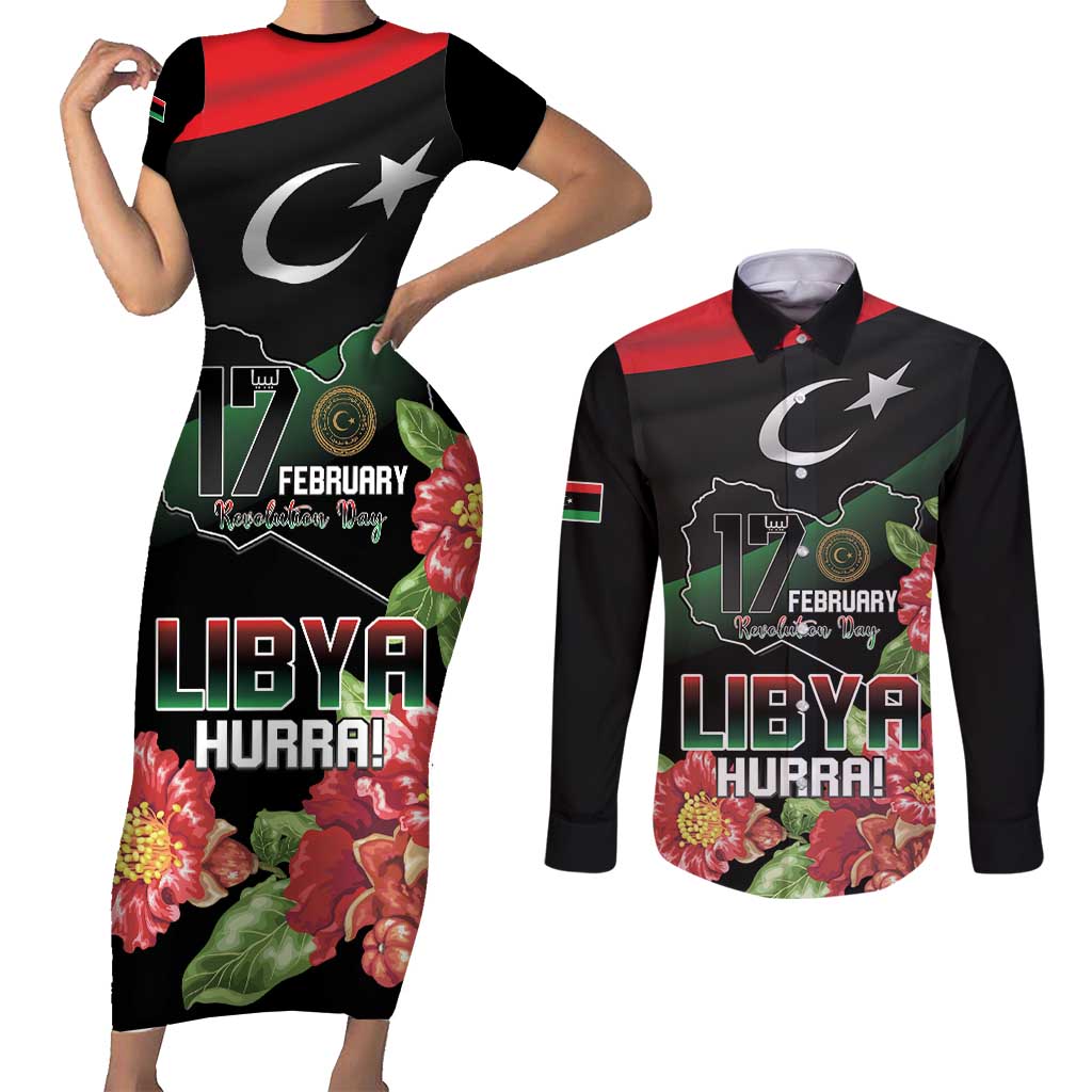Personalized Libya Revolution Day Couples Matching Short Sleeve Bodycon Dress and Long Sleeve Button Shirt Libyan Map With Pomegranate Blossom - Wonder Print Shop