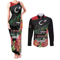 Personalized Libya Revolution Day Couples Matching Tank Maxi Dress and Long Sleeve Button Shirt Libyan Map With Pomegranate Blossom - Wonder Print Shop