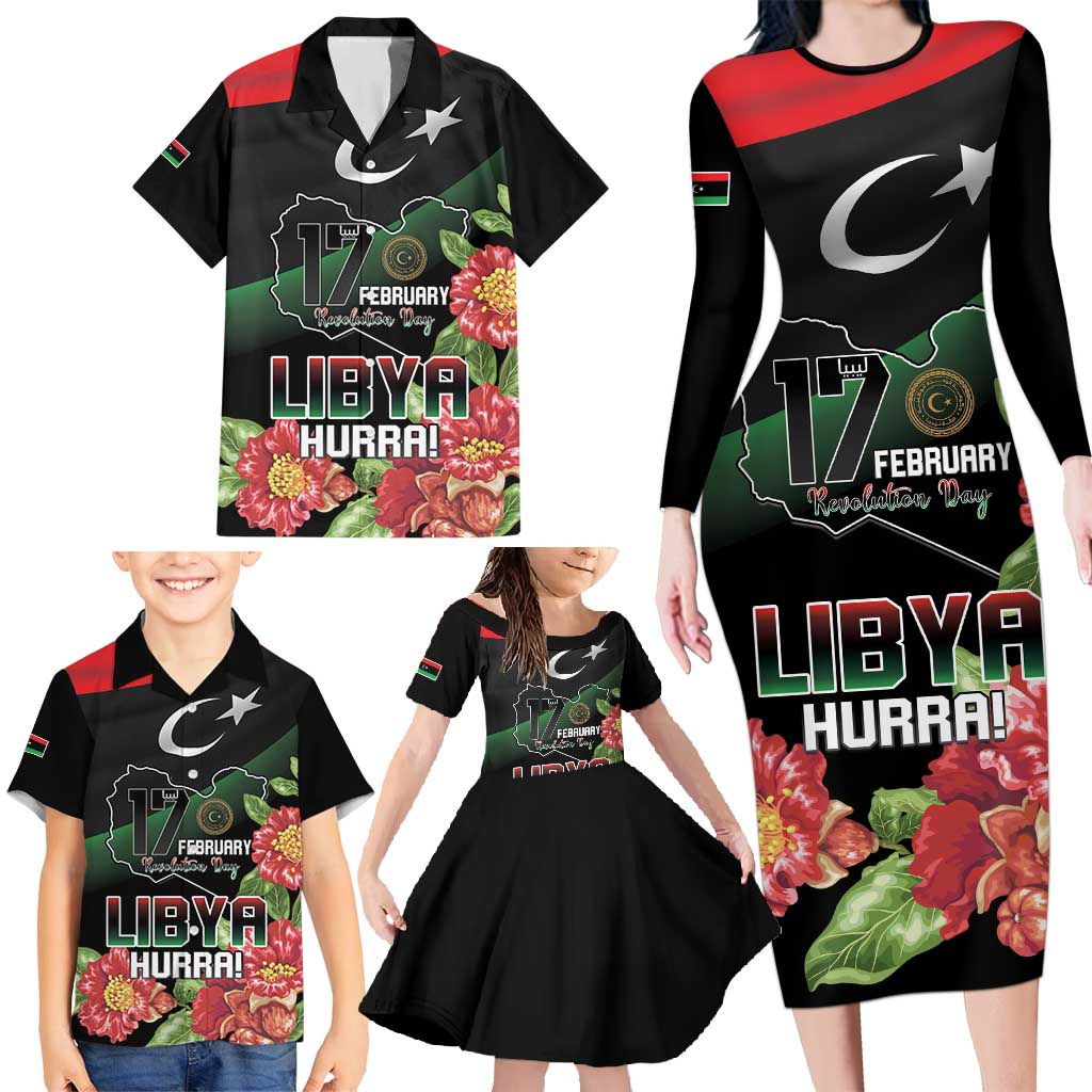 Personalized Libya Revolution Day Family Matching Long Sleeve Bodycon Dress and Hawaiian Shirt Libyan Map With Pomegranate Blossom - Wonder Print Shop