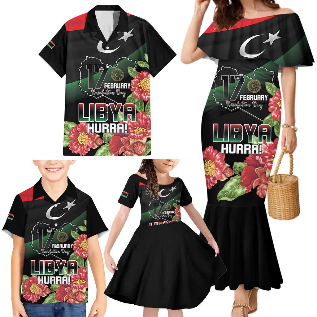 Personalized Libya Revolution Day Family Matching Mermaid Dress and Hawaiian Shirt Libyan Map With Pomegranate Blossom - Wonder Print Shop