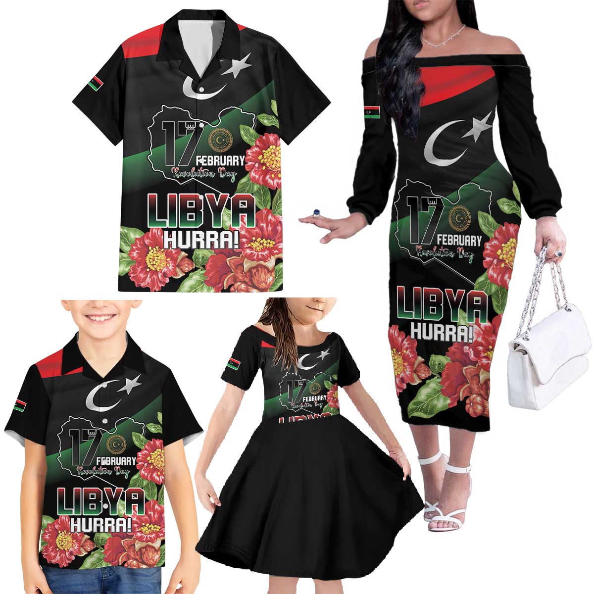 Personalized Libya Revolution Day Family Matching Off The Shoulder Long Sleeve Dress and Hawaiian Shirt Libyan Map With Pomegranate Blossom - Wonder Print Shop
