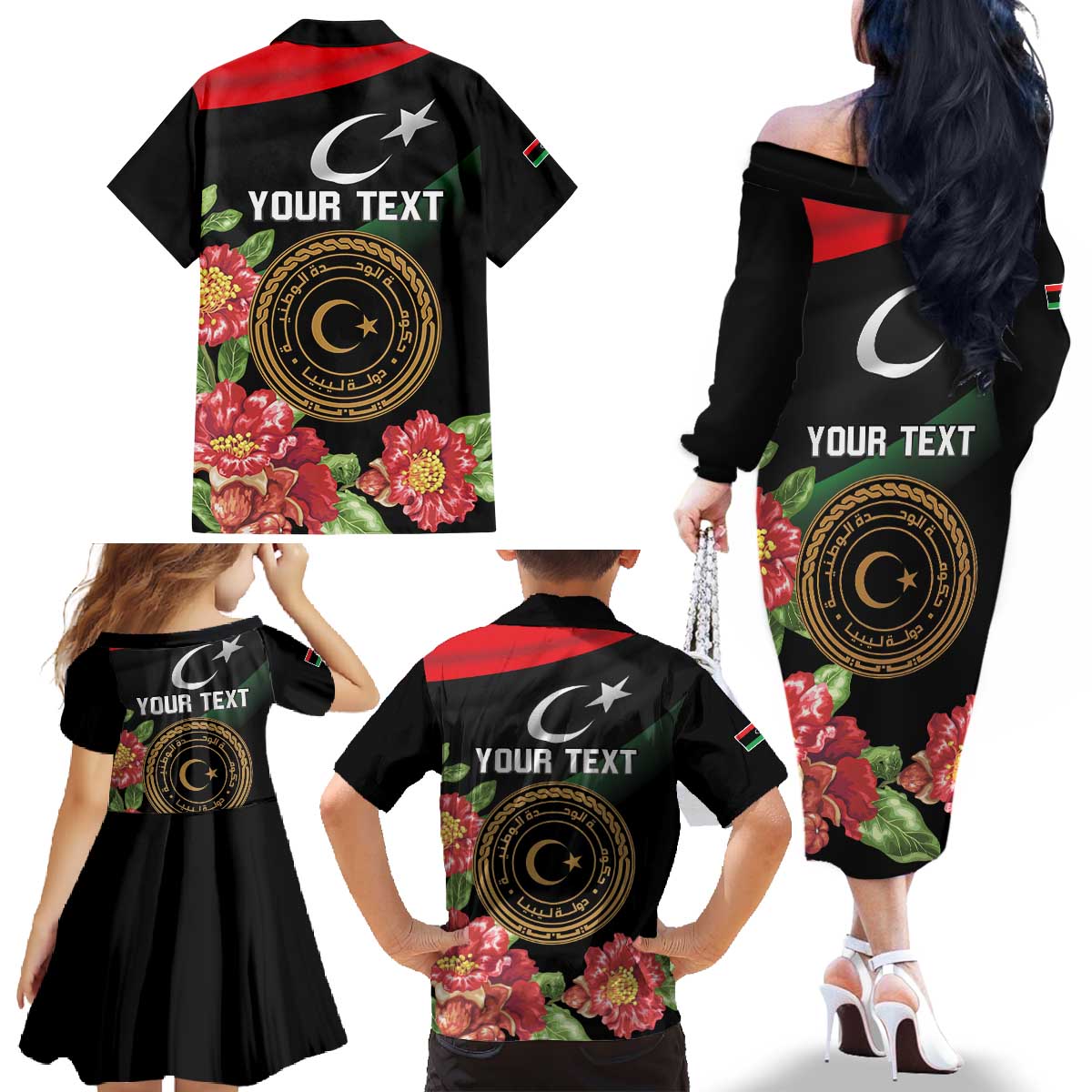 Personalized Libya Revolution Day Family Matching Off The Shoulder Long Sleeve Dress and Hawaiian Shirt Libyan Map With Pomegranate Blossom - Wonder Print Shop