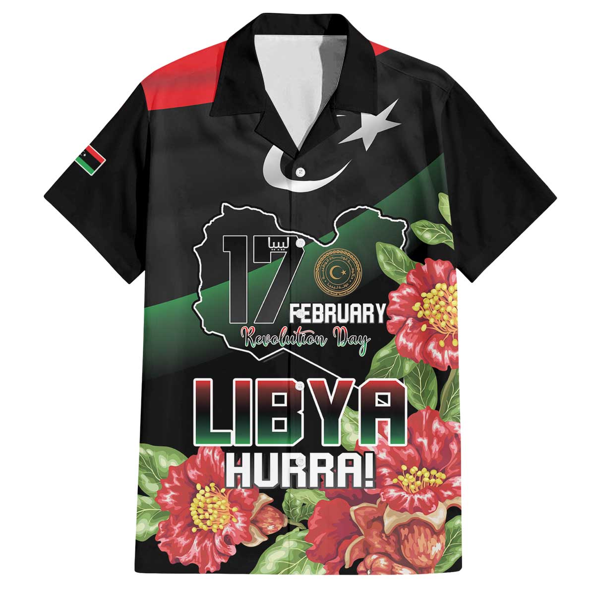 Personalized Libya Revolution Day Family Matching Off The Shoulder Long Sleeve Dress and Hawaiian Shirt Libyan Map With Pomegranate Blossom - Wonder Print Shop