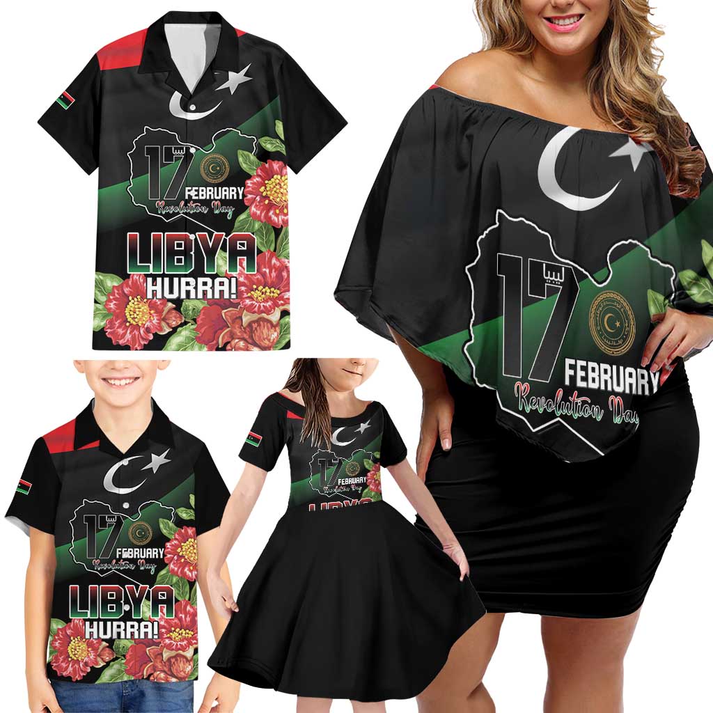 Personalized Libya Revolution Day Family Matching Off Shoulder Short Dress and Hawaiian Shirt Libyan Map With Pomegranate Blossom - Wonder Print Shop