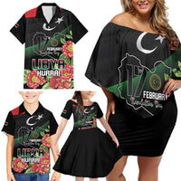 Personalized Libya Revolution Day Family Matching Off Shoulder Short Dress and Hawaiian Shirt Libyan Map With Pomegranate Blossom - Wonder Print Shop