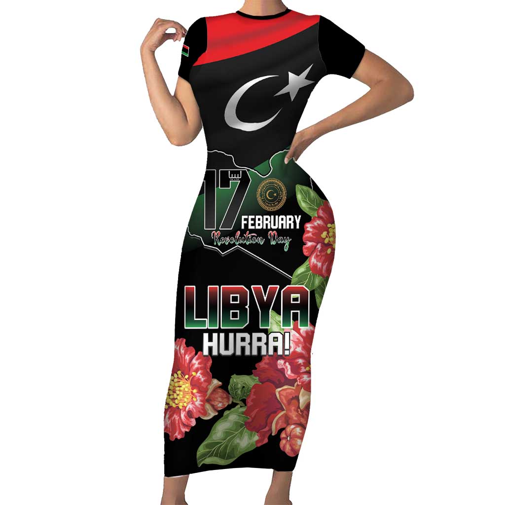Personalized Libya Revolution Day Family Matching Short Sleeve Bodycon Dress and Hawaiian Shirt Libyan Map With Pomegranate Blossom - Wonder Print Shop