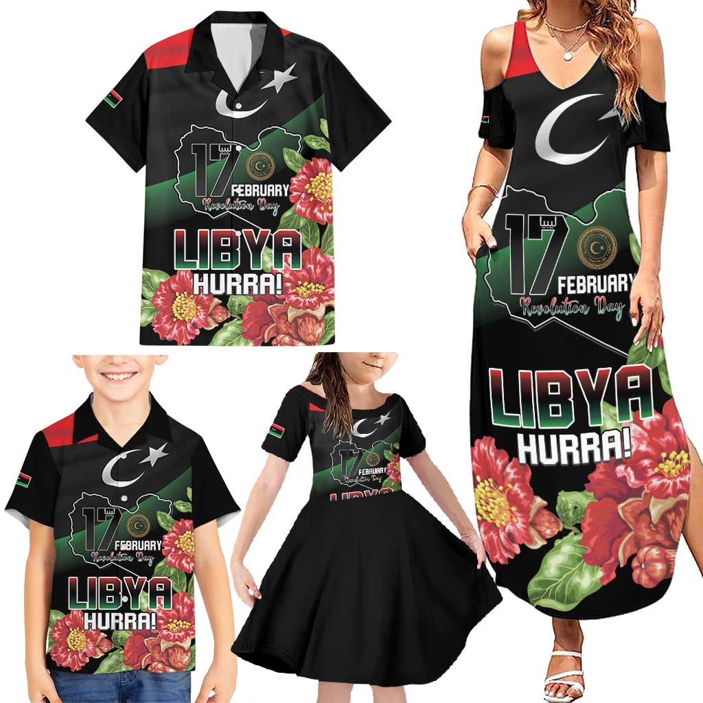 Personalized Libya Revolution Day Family Matching Summer Maxi Dress and Hawaiian Shirt Libyan Map With Pomegranate Blossom - Wonder Print Shop