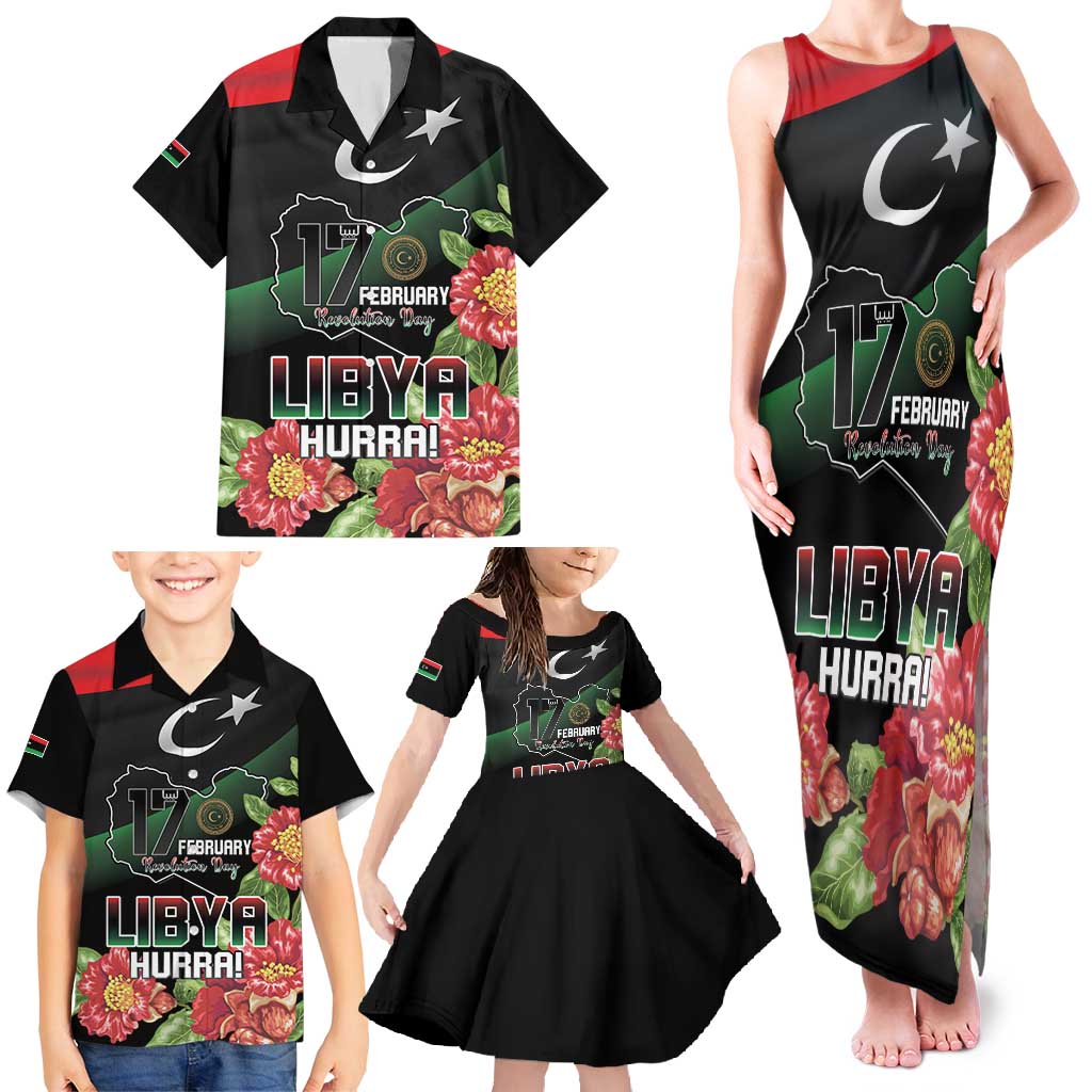 Personalized Libya Revolution Day Family Matching Tank Maxi Dress and Hawaiian Shirt Libyan Map With Pomegranate Blossom - Wonder Print Shop
