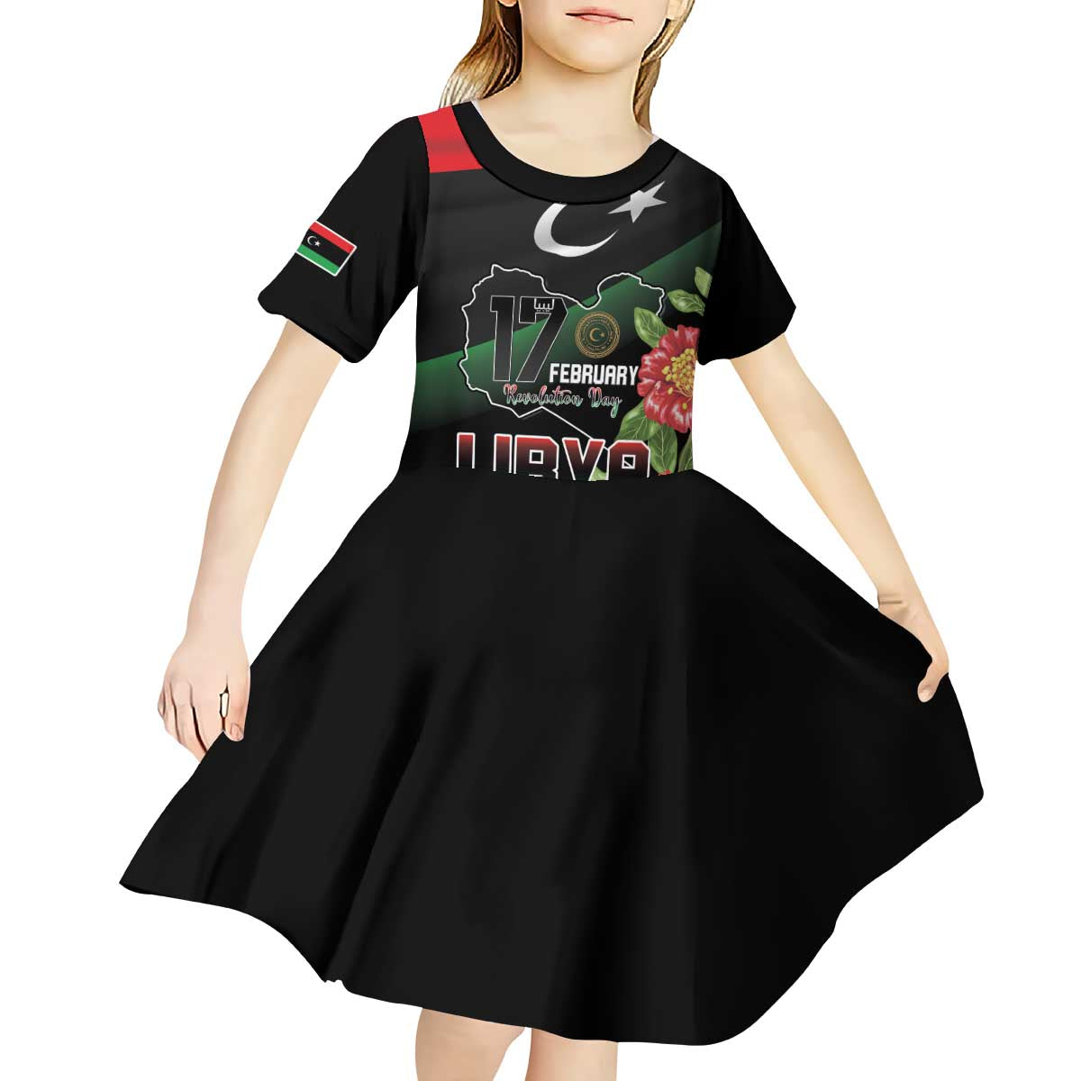 Personalized Libya Revolution Day Kid Short Sleeve Dress Libyan Map With Pomegranate Blossom - Wonder Print Shop