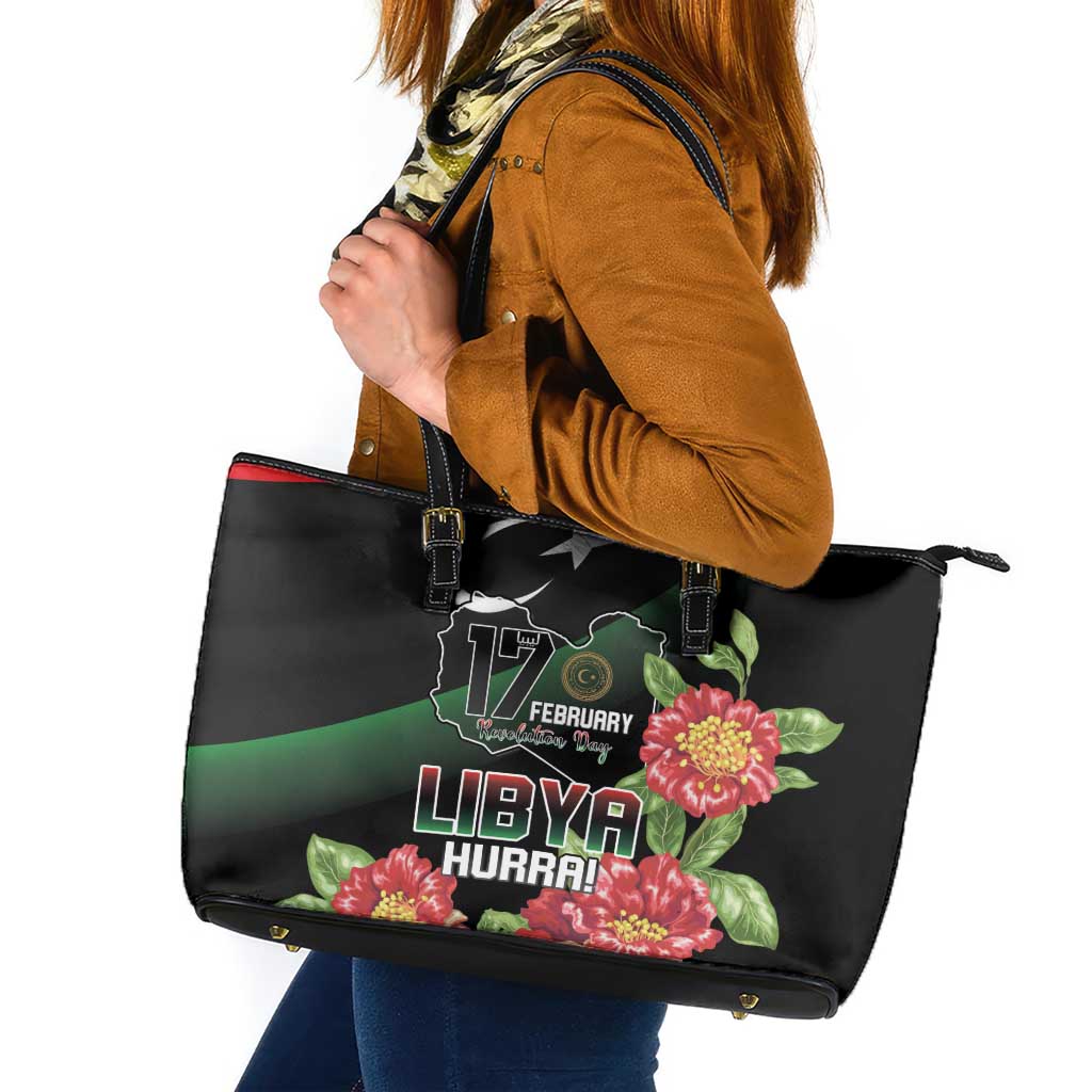 Libya Revolution Day Leather Tote Bag Libyan Map With Pomegranate Blossom - Wonder Print Shop