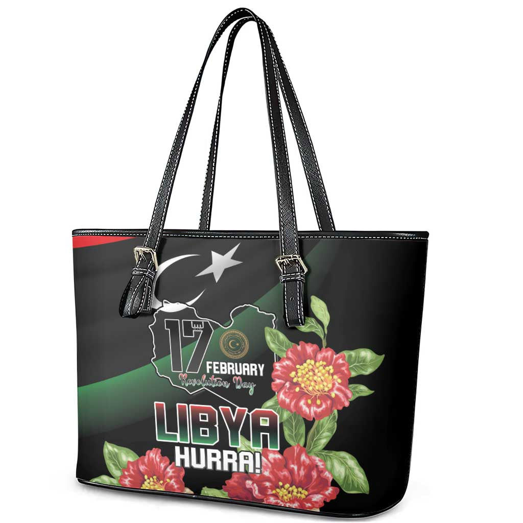 Libya Revolution Day Leather Tote Bag Libyan Map With Pomegranate Blossom - Wonder Print Shop