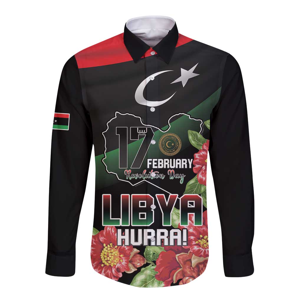 Personalized Libya Revolution Day Long Sleeve Button Shirt Libyan Map With Pomegranate Blossom - Wonder Print Shop