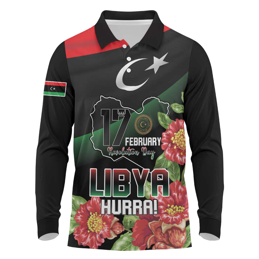 Personalized Libya Revolution Day Long Sleeve Polo Shirt Libyan Map With Pomegranate Blossom - Wonder Print Shop