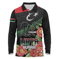 Personalized Libya Revolution Day Long Sleeve Polo Shirt Libyan Map With Pomegranate Blossom - Wonder Print Shop
