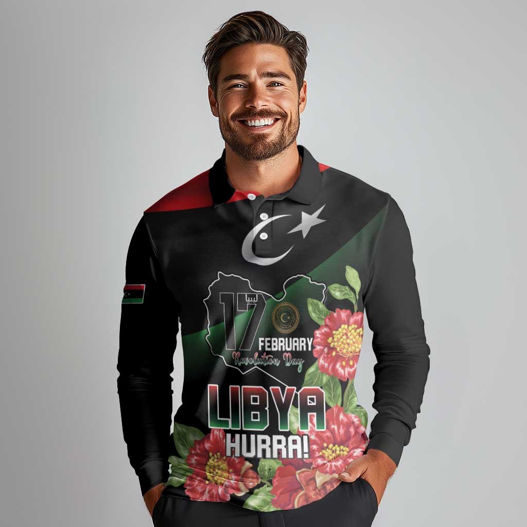 Personalized Libya Revolution Day Long Sleeve Polo Shirt Libyan Map With Pomegranate Blossom - Wonder Print Shop