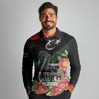 Personalized Libya Revolution Day Long Sleeve Polo Shirt Libyan Map With Pomegranate Blossom - Wonder Print Shop
