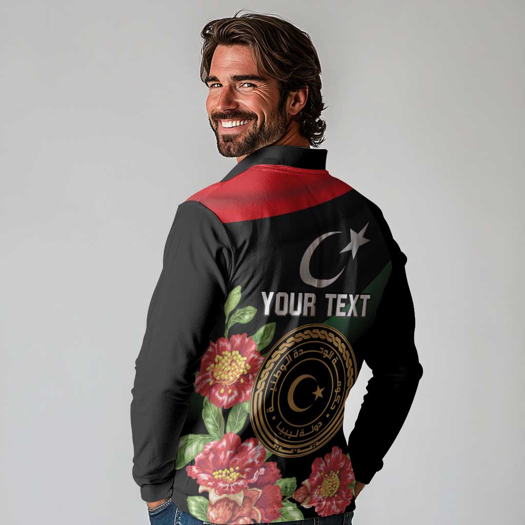 Personalized Libya Revolution Day Long Sleeve Polo Shirt Libyan Map With Pomegranate Blossom - Wonder Print Shop