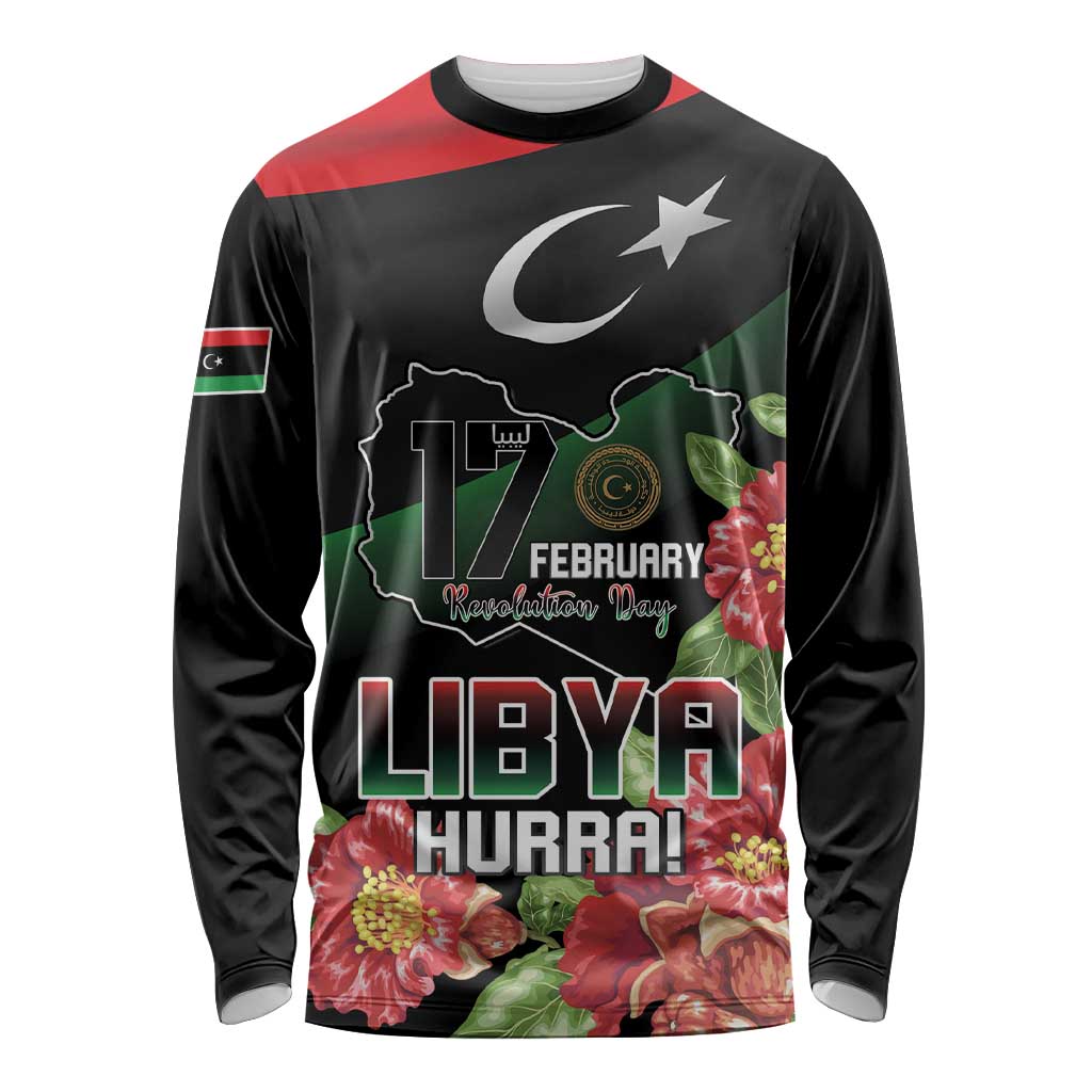 Personalized Libya Revolution Day Long Sleeve Shirt Libyan Map With Pomegranate Blossom - Wonder Print Shop