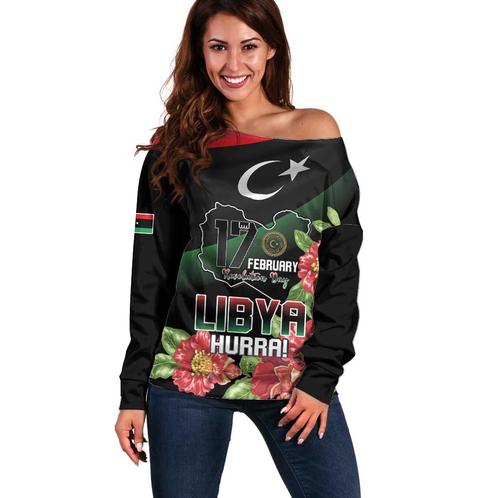 Personalized Libya Revolution Day Off Shoulder Sweater Libyan Map With Pomegranate Blossom - Wonder Print Shop